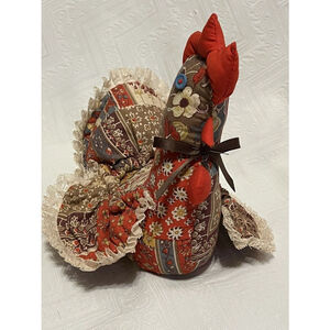 Handmade Quilted Stuffed Hen Chicken Rooster Red Brown Floral w/ Lace Doorstop
